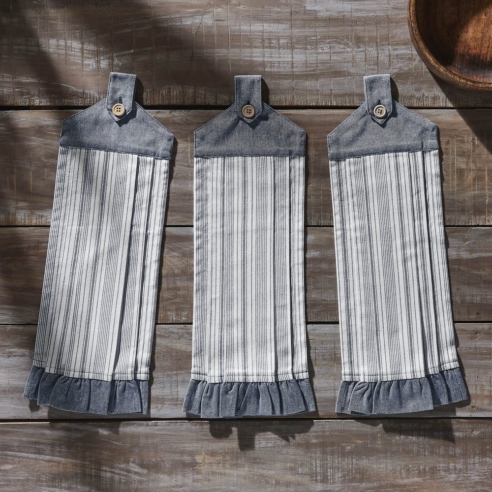 Sawyer Mill Blue Ticking Stripe Button Loop Tea Towel Set of 3