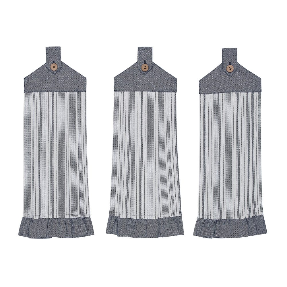 Sawyer Mill Blue Ticking Stripe Button Loop Tea Towel Set of 3