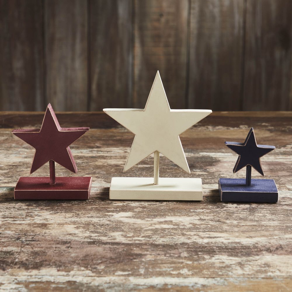 RWB Hanging Wooden Stars w/ Display Base Set of 3