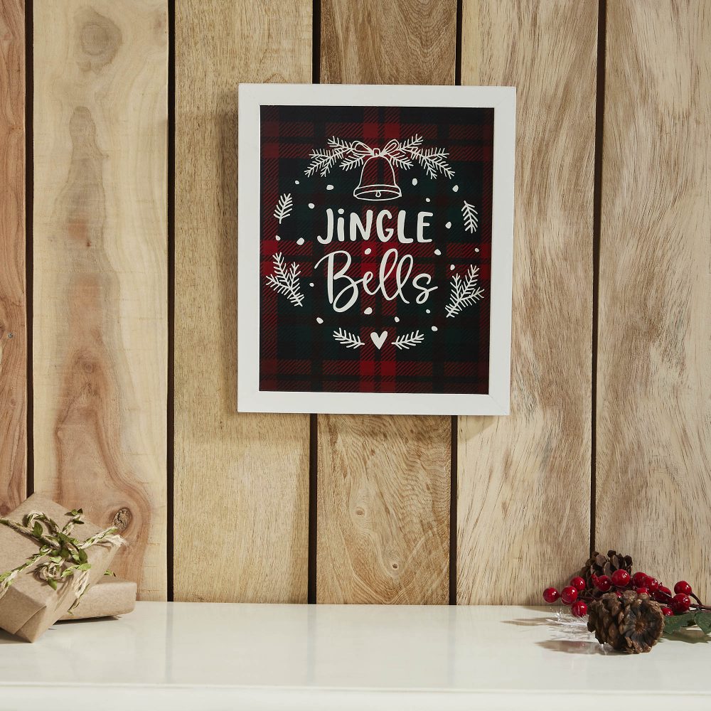 Jingle Bells Wreath Plaid Framed Wall Hanging Sign 12x10