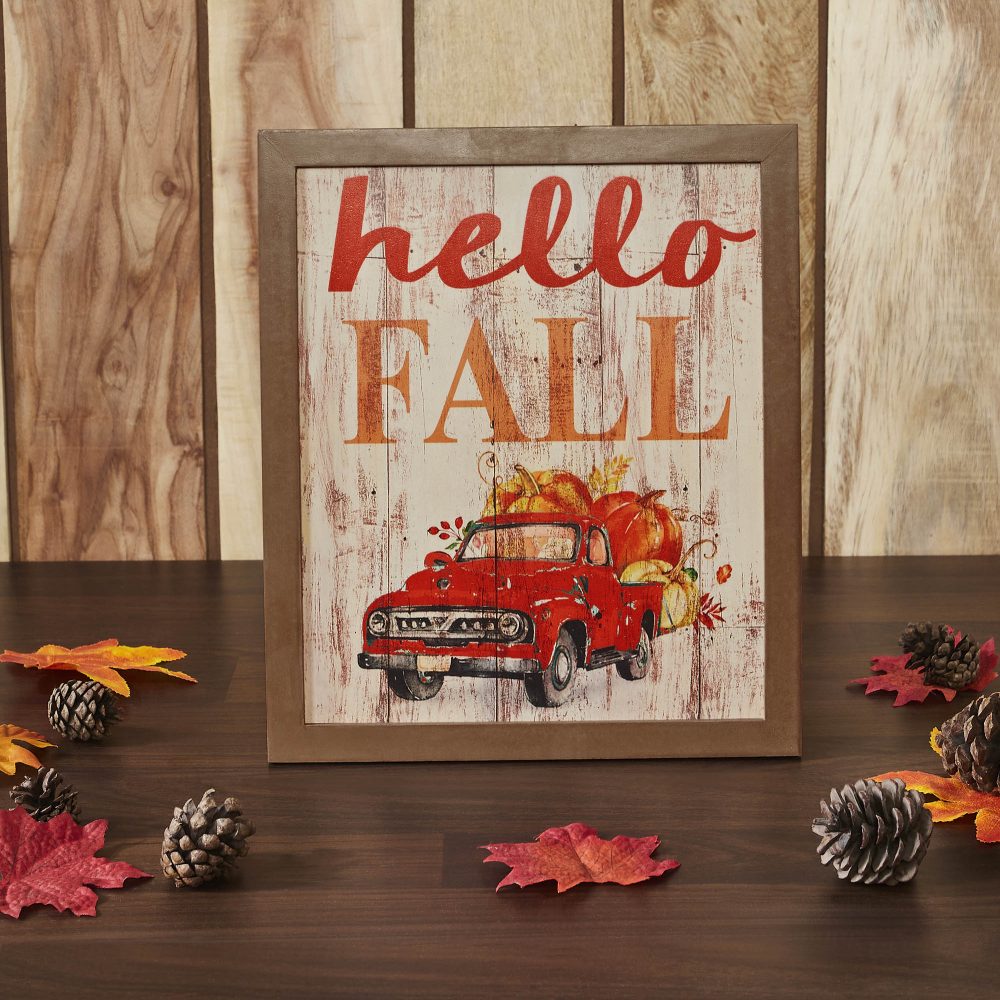 Shiplap Hello Fall Red Truck Wall Sign 13x11