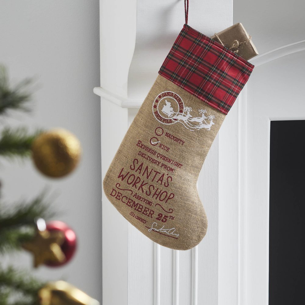 Burlap Natural Jute Plaid Santa's Workshop Stocking 12x20