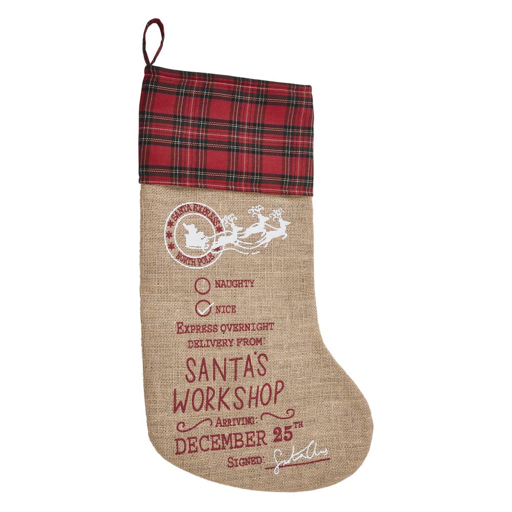 Burlap Natural Jute Plaid Santa's Workshop Stocking 12x20