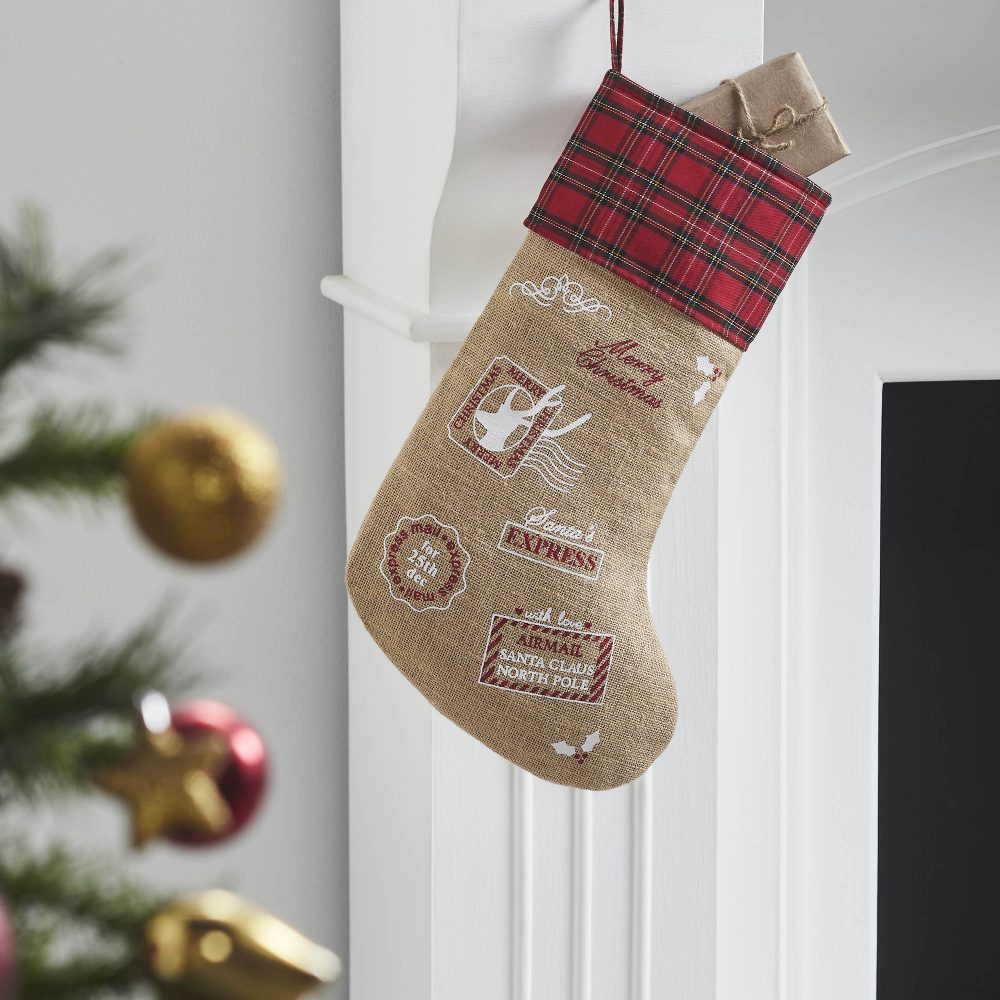 Burlap Natural Jute Plaid Airmail Stocking 12x20