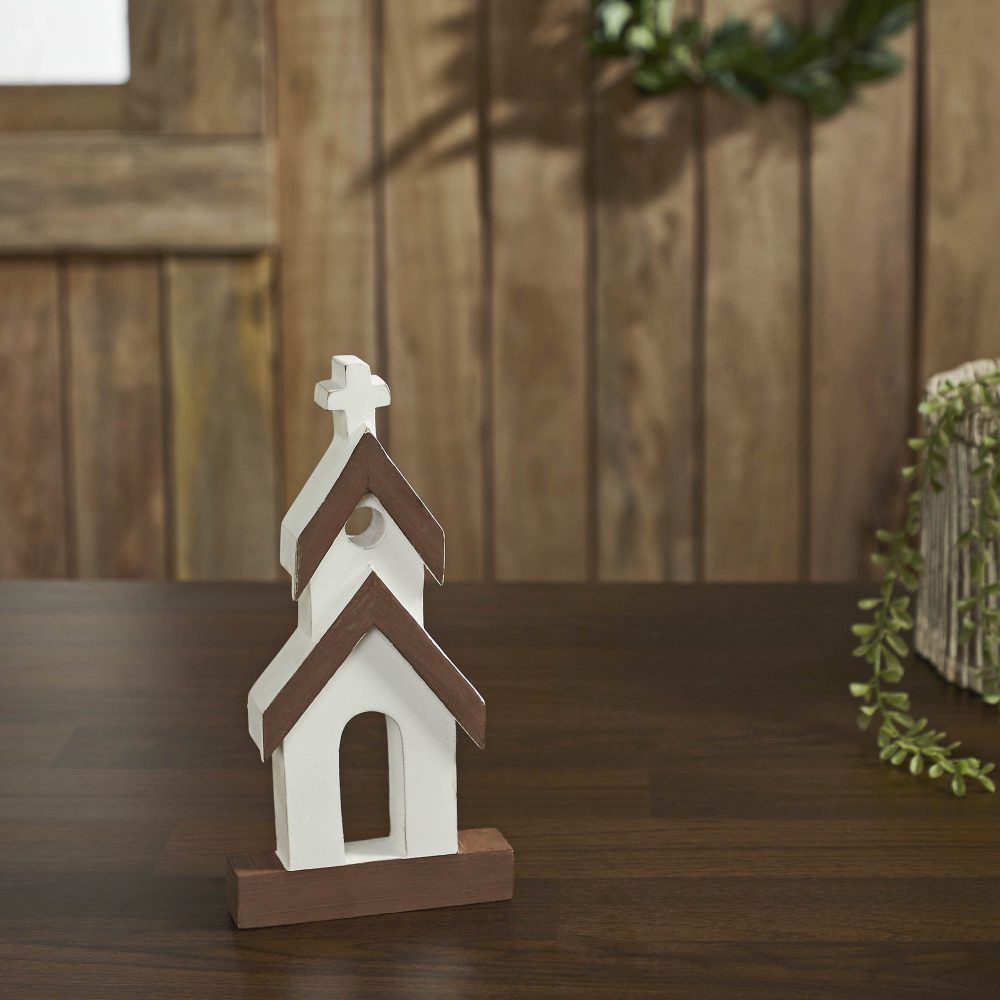 Brown Roof White Church Wooden Figurine 8x4x1