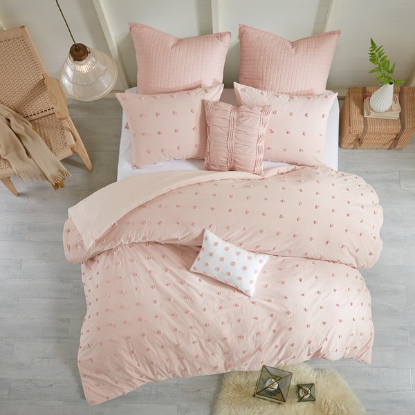 Urban Habitat Brooklyn Cotton Jacquard Duvet Cover Set with Euro Shams and Throw Pillows in Pink, Full/Queen UH12-0208