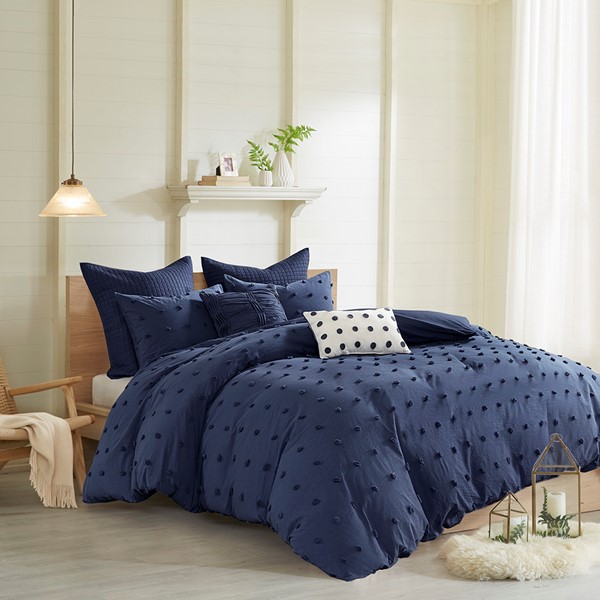 Urban Habitat Brooklyn Cotton Jacquard Duvet Cover Set with Euro Shams and Throw Pillows in Navy, King/Cal King UH12-2266