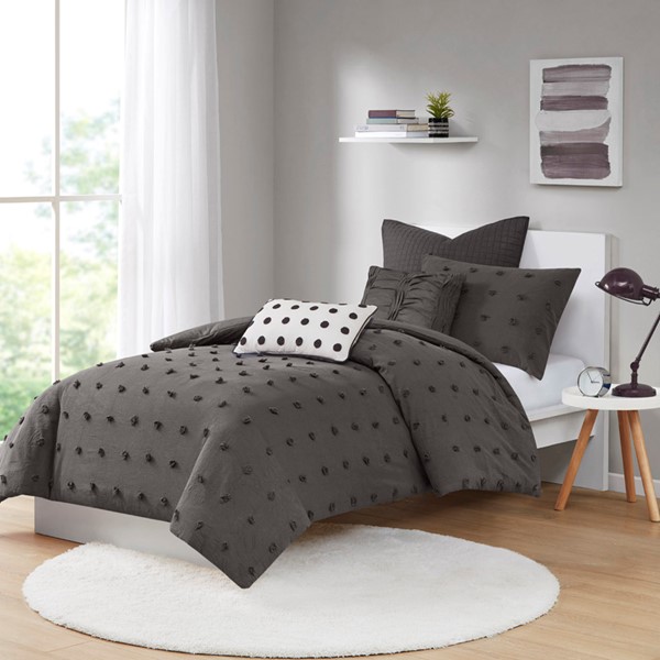 Urban Habitat Brooklyn Cotton Jacquard Duvet Cover Set with Euro Shams and Throw Pillows in Charcoal, Twin/Twin XL UH12-2258