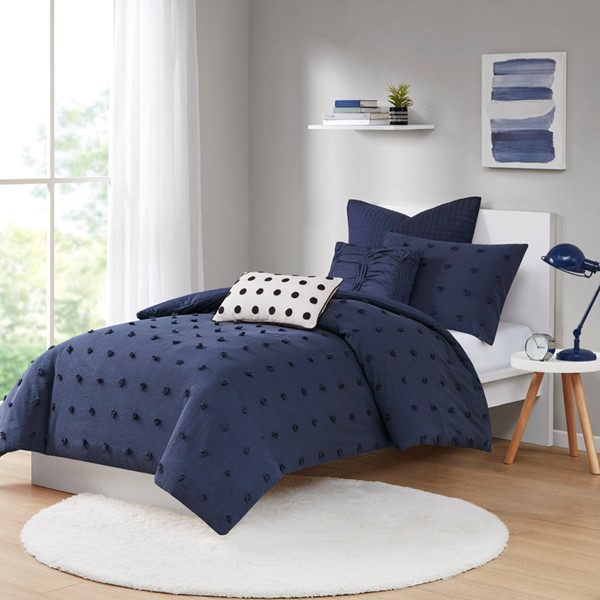 Urban Habitat Brooklyn Cotton Jacquard Duvet Cover Set with Euro Shams and Throw Pillows in Navy, Twin/Twin XL UH12-2264