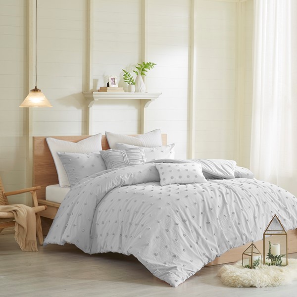 Urban Habitat Brooklyn Cotton Jacquard Duvet Cover Set with Euro Shams and Throw Pillows in Grey, Full/Queen UH12-2163