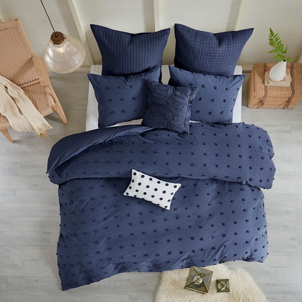 Urban Habitat Brooklyn Cotton Jacquard Duvet Cover Set with Euro Shams and Throw Pillows in Navy, King/Cal King UH12-2266