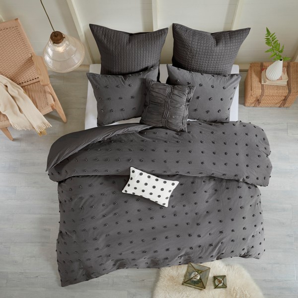 Urban Habitat Brooklyn Cotton Jacquard Duvet Cover Set with Euro Shams and Throw Pillows in Charcoal, Full/Queen UH12-2259