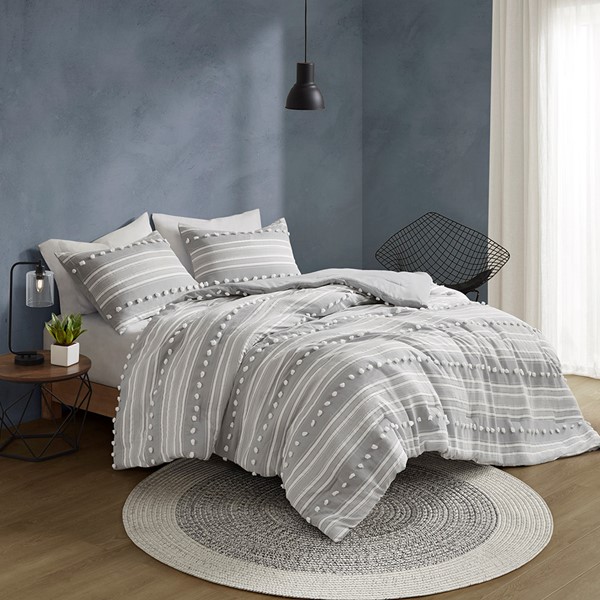 Urban Habitat Rowan Striped Clipped Jacquard Duvet Cover Set in Grey, Full/Queen UH12-2488