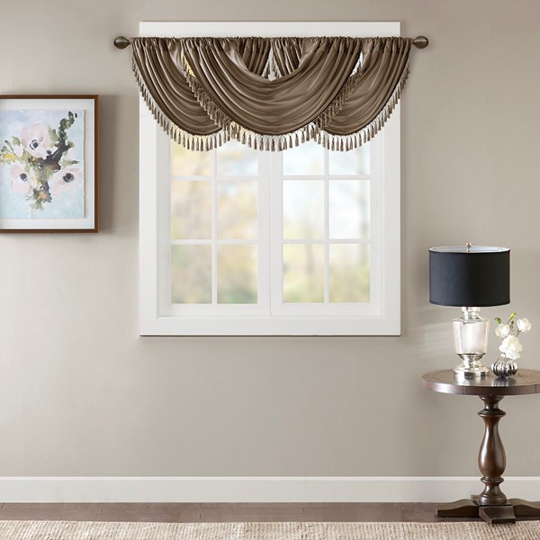 Madison Park Elena Faux Silk Waterfall Embellished Valance in Bronze, 38x46" MP41-4955