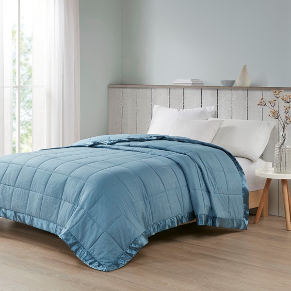 Madison Park Cambria Oversized Down Alternative Blanket with Satin Trim in Slate Blue, Full/Queen MP51-7647