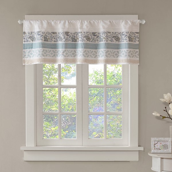 Madison Park Dawn Printed and Pieced Rod Pocket Valance in Aqua, 50x18" MP41-4293