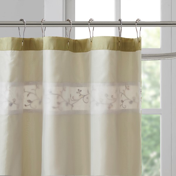 Madison Park Serene Faux Silk Embroidered Floral Shower Curtain in Green, 72x72" MP70-1918