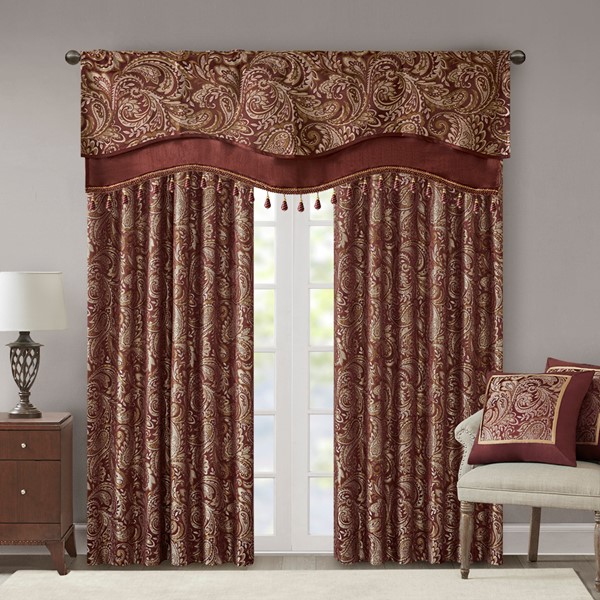 Madison Park Aubrey Jacquard Window Rod Pocket Valance With Beads in Burgundy, 50x18" MP41-4991