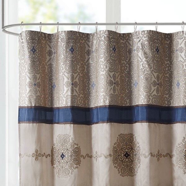 Madison Park Donovan Embroidered Shower Curtain in Navy, 72x72" MP70-7543