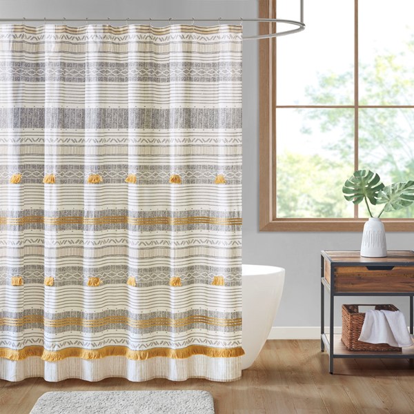 INK+IVY Cody Cotton Stripe Printed Shower Curtain with Tassel in Gray/Yellow, 72x72" II70-1284