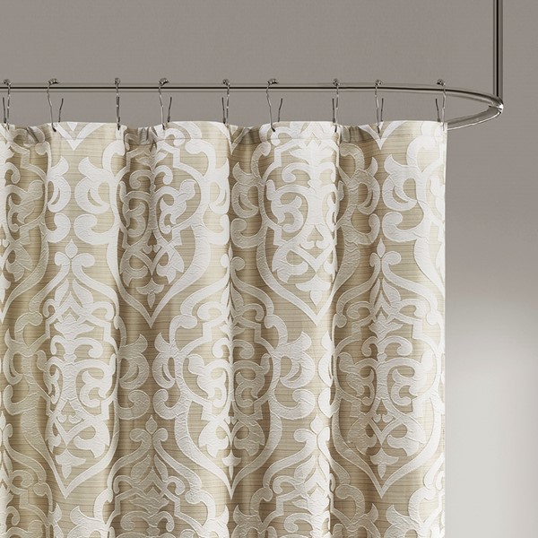 Madison Park Odette Jacquard Shower Curtain in Tan/Ivory, 72x72" MP70-8084