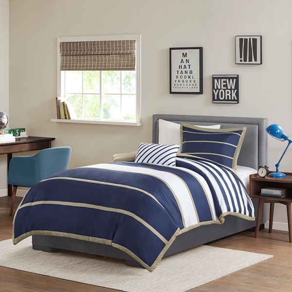 Mi Zone Ashton Duvet Cover Set in Khaki/Navy, Twin/Twin XL MZ12-268