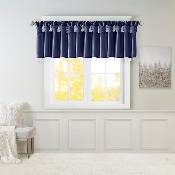 Madison Park Emilia Lightweight Faux Silk Valance With Beads in Navy, 50x26" MP41-6320