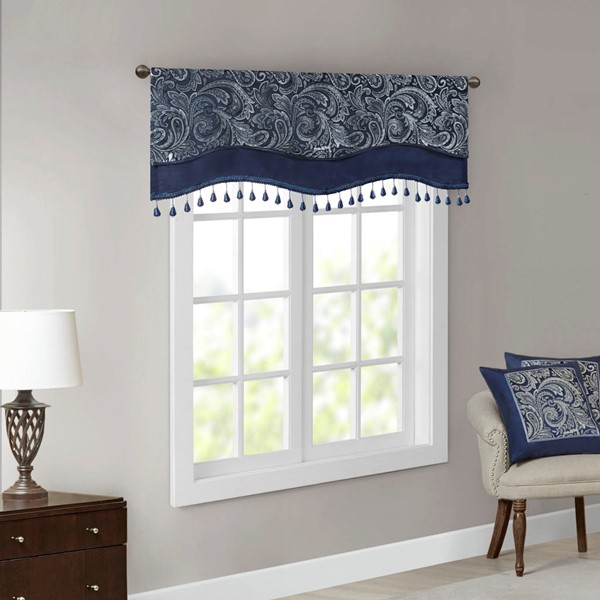 Madison Park Aubrey Jacquard Window Rod Pocket Valance With Beads in Navy, 50x18" MP41-7425