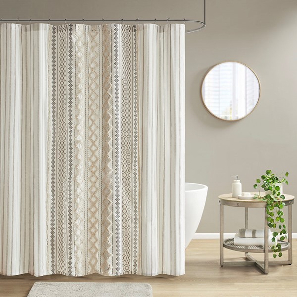 INK+IVY Imani Cotton Printed Shower Curtain with Chenille in Ivory, 72x72" II70-1121