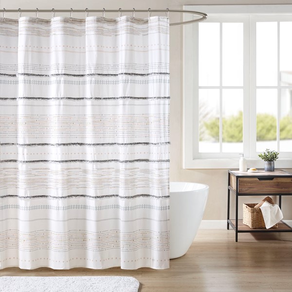 INK+IVY Nea Cotton Printed Shower Curtain with Trims in Off White/Gray, 72x72" II70-1120