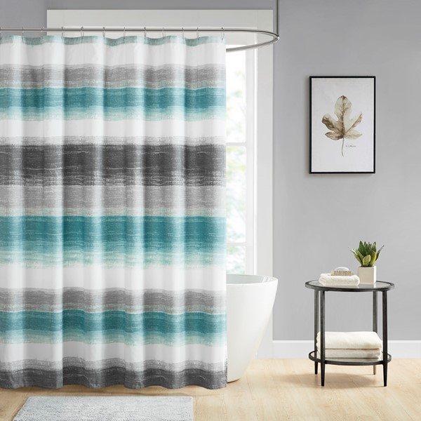 Madison Park Essentials Saben Stripe Print Shower Curtain in Aqua/Grey, 72x72" MPE70-1029