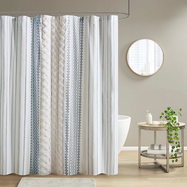 INK+IVY Imani Cotton Printed Shower Curtain with Chenille in White/Navy, 72x72" II70-1319