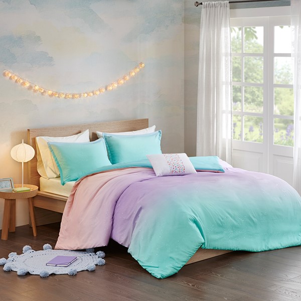 Mi Zone Glimmer Metallic Glitter Printed Reversible Duvet Cover Set in Aqua, Twin/Twin XL MZ12-0597