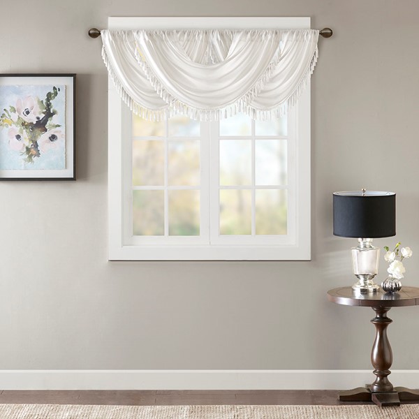 Madison Park Elena Faux Silk Waterfall Embellished Valance in White, 38x46" MP41-4949