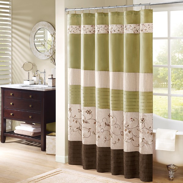 Madison Park Serene Faux Silk Embroidered Floral Shower Curtain in Green, 72x72" MP70-1918