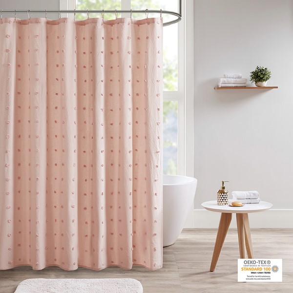 Urban Habitat Brooklyn Cotton Jacquard Pom Pom Shower Curtain in Pink, 70x72" UH70-2242