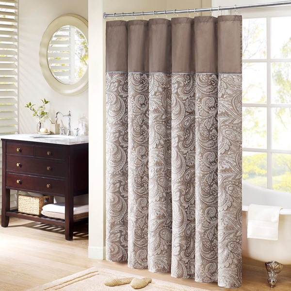 Madison Park Aubrey Jacquard Shower Curtain in Blue/Brown, 72x72" MP70-224