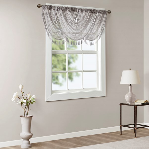 Madison Park Irina Diamond Sheer Embroidered Waterfall Valance in Grey, 38x46" MP41-4941