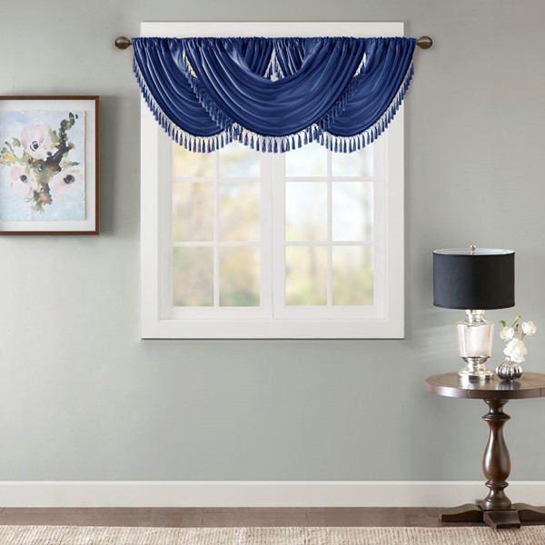 Madison Park Elena Faux Silk Waterfall Embellished Valance in Navy, 38x46" MP41-7411