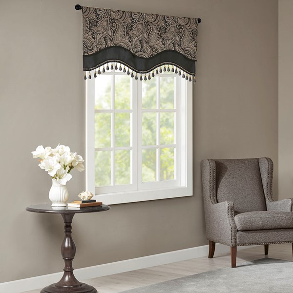 Madison Park Aubrey Jacquard Window Rod Pocket Valance With Beads in Black, 50x18" MP41-4989