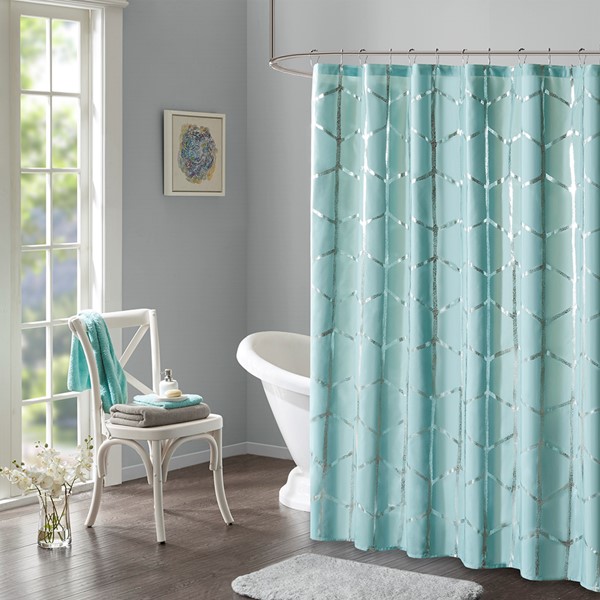 Intelligent Design Raina Printed Metallic Shower Curtain in Aqua/Silver, 72x72" ID70-1291