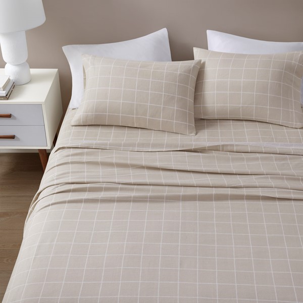 Beautyrest Oversized Cotton Flannel 4 Piece Sheet Set in Beige Windowpane, Cal King BR20-1859