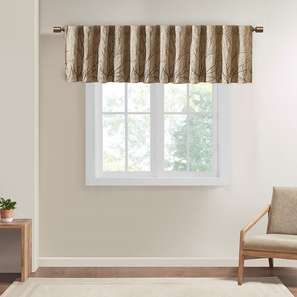 Madison Park Andora Faux Silk Embroidered Window Valance in Tan, 50x18" MP41-4574