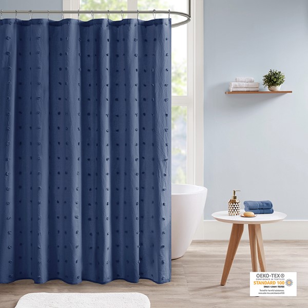 Urban Habitat Brooklyn Cotton Jacquard Pom Pom Shower Curtain in Indigo Blue, 70x72" UH70-2312