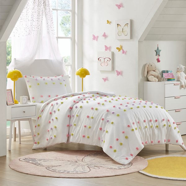 Mi Zone Kids Cora Pompom Clip Jacquard Duvet Cover Set in Pink Multi, Full/Queen MZK12-270