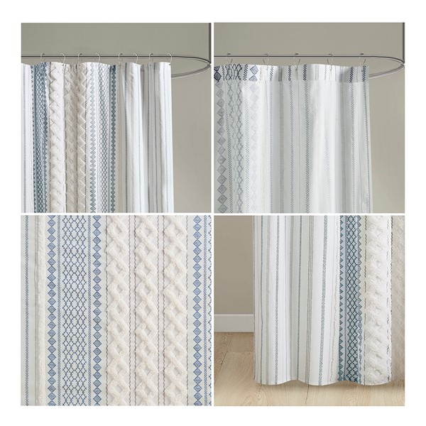 INK+IVY Imani Cotton Printed Shower Curtain with Chenille in White/Navy, 72x72" II70-1319