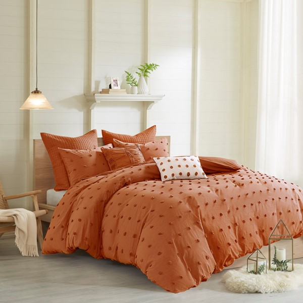 Urban Habitat Brooklyn Cotton Jacquard Duvet Cover Set with Euro Shams and Throw Pillows in Rust, Full/Queen UH12-2498