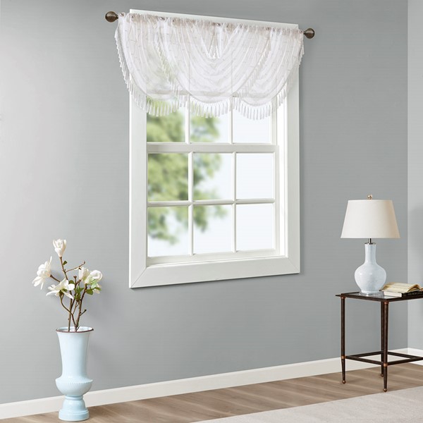 Madison Park Irina Diamond Sheer Embroidered Waterfall Valance in White, 38x46" MP41-4933