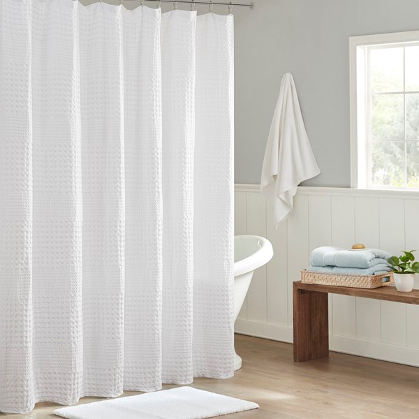 Madison Park Arlo Super Waffle Textured Solid Shower Curtain in White, 72x72" MP70-6824A