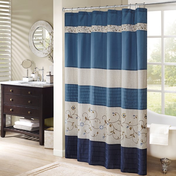 Madison Park Serene Faux Silk Embroidered Floral Shower Curtain in Navy, 72x72" MP70-3452